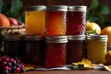 stack of homemade preserves in variety of flavors and colors, created with generative ai