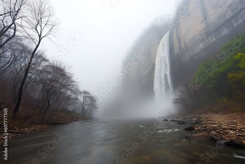 majestic waterfall surrounded by thick fog  creating mystical scene  created with generative ai