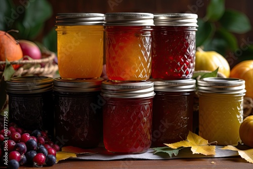 stack of homemade preserves in variety of flavors and colors, created with generative ai photo