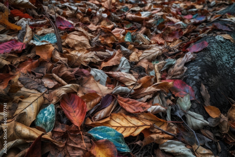 detailed shot of fallen leaves, with different colors and textures visible, created with generative ai