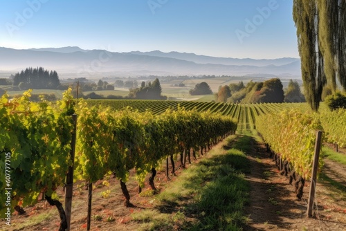 vineyard with rolling hills and distant mountains in the background, created with generative ai