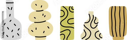 Modern hand drawn ceramic vase set. Different shapes. Simple vector illustration.