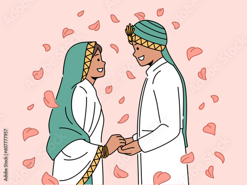Smiling Arabic man and woman in traditional wedding costumes enjoy marriage ceremony. Happy bride and groom during cultural ethnic celebration. Vector illustration. 