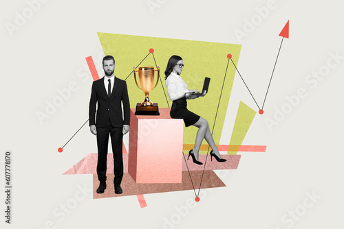 Photo 3d collage artwork of two business partners colleagues teamwork good results graphic get award goblet isolated on grey background photo