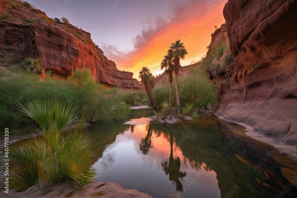 lush oasis surrounded by fiery canyon sunset, with palm trees and water in the background, created with generative ai