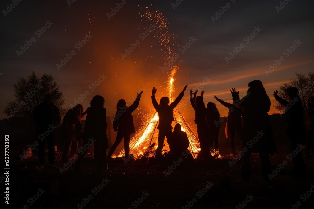 bonfire surrounded by the silhouettes of people laughing and dancing, created with generative ai