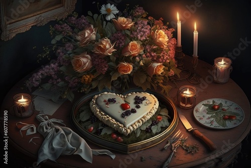 heart-shaped cake surrounded by flowers and candles on a romantic dinner date, created with generative ai