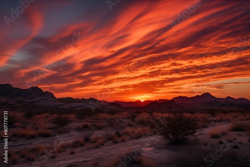 desert with colorful sunset  featuring streaks of red and orange in the sky  created with generative ai