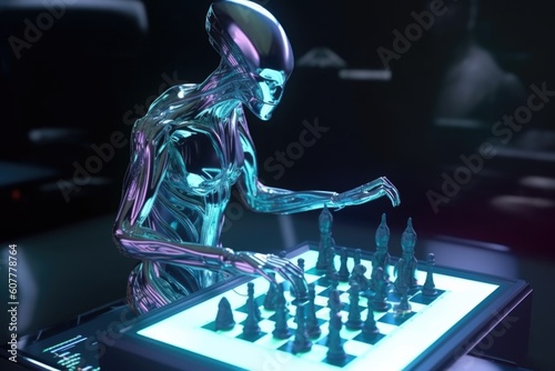 alien playing game of chess on futuristic board with holographic pieces, created with generative ai