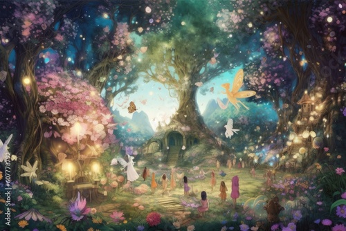 magical garden with blooming flowers  towering trees  and fairies dancing among the flowers  created with generative ai