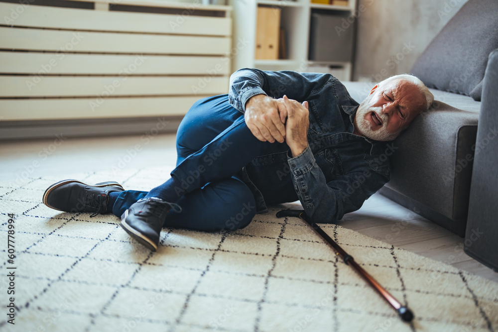 Elderly Senior Man Slip And Fall. Fallen Old Person in the Living Room.  Senior man falling