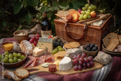 picnic basket overflowing with deli meats, cheeses, and gourmet treats, created with generative ai