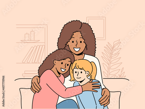 Smiling African American woman sit on couch with multiracial daughters. Happy black mother with multiethnic kids. Concept of adoption. Vector illustration. 
