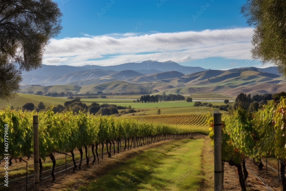 vineyard with rolling hills and distant mountain range in the background, created with generative ai