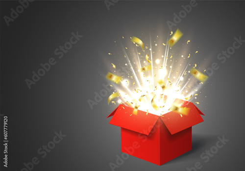 Open red gift box with rays of lights and confetti. Vector template greeting card for anniversary, holiday or birthday.