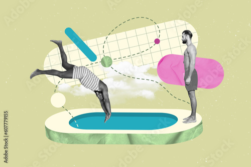 Collage picture artwork summertime resort jumping diving guys topless wear swimwear swimming pool isolated on green color background
