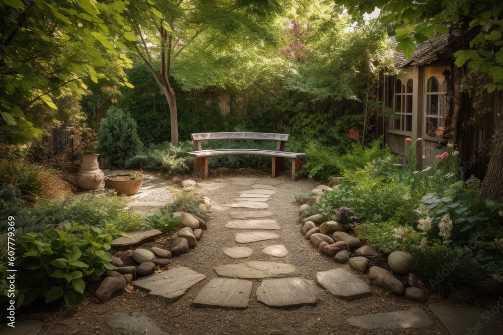 quiet garden retreat, with stone path and benches for meditation, created with generative ai