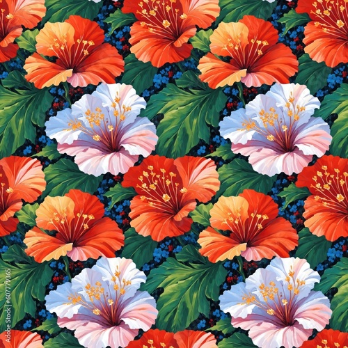 Seamless floral pattern with Hibiscus flowers  tileable  Generative AI