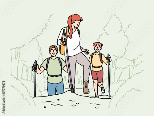 Smiling people with walking canes hiking in mountains in summer. Happy hikers climbing on hills enjoy active recreation in forest. Vector illustration. 