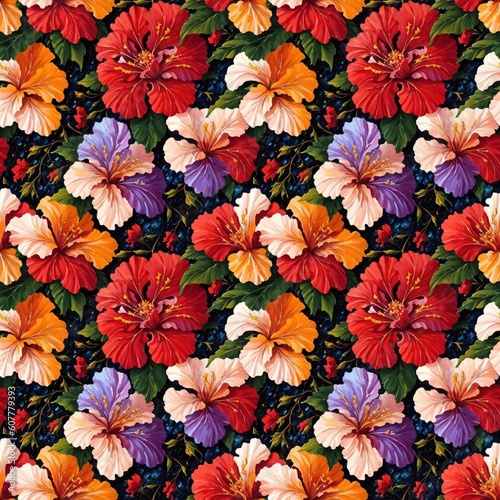 Seamless floral pattern with Hibiscus flowers  tileable  Generative AI