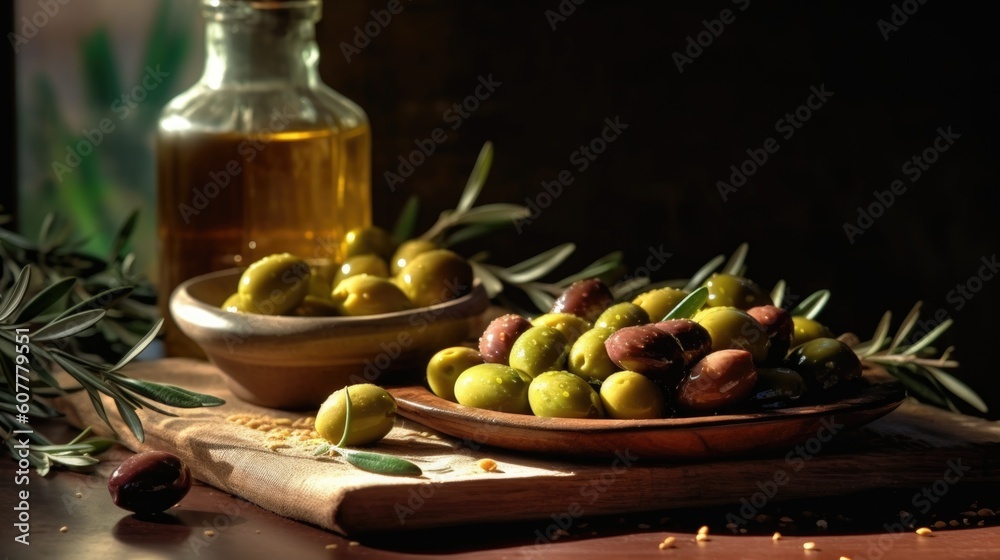 olive oil and olives, ai generative olive oil and olives, ai generative