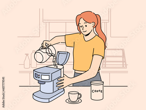 Smiling woman pour water in machine making coffee in device. Happy female prepare gadget for coffee making at home. Technology concept. Vector illustration. 