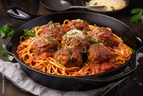 spaghetti and meatballs cooked in a cast-iron skillet, created with generative ai