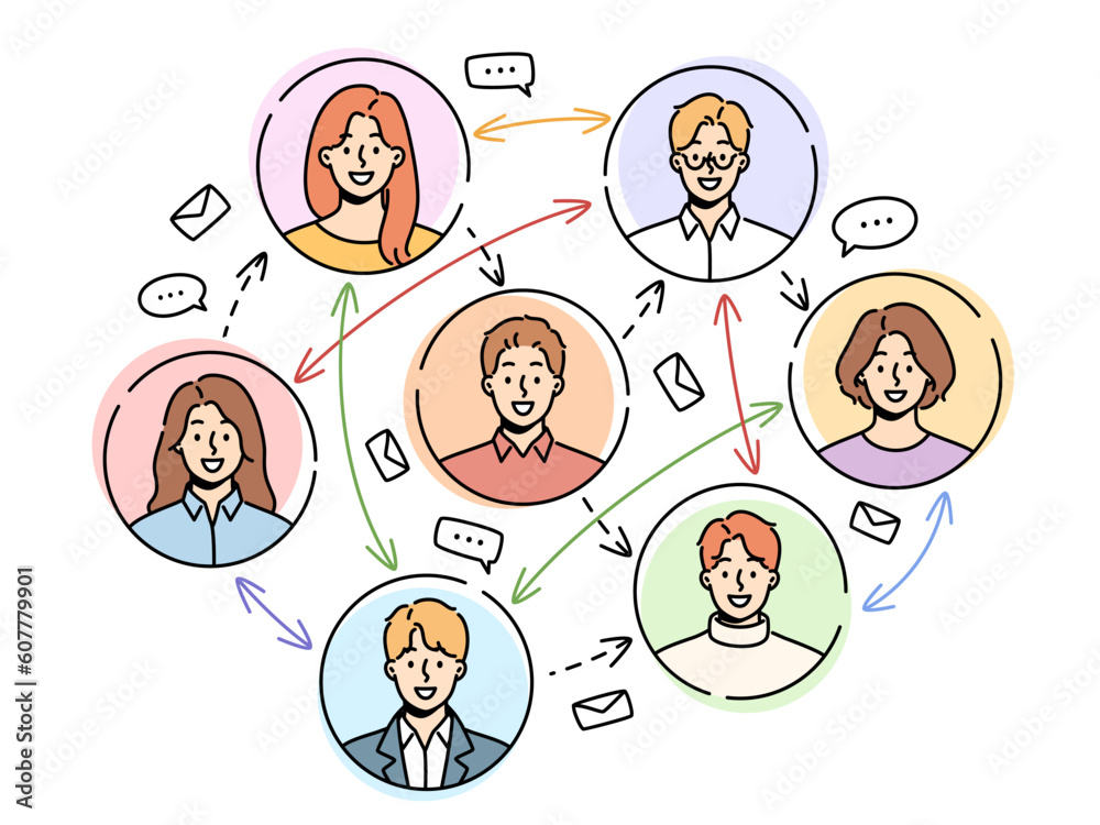 Smiling men and women communicate chat on social network. Various people communication on internet. Messaging and texting online on web. Vector illustration. Smiling men and women communicate chat on social network. Various people communication on internet. Messaging and texting online on web. Vector illustration.