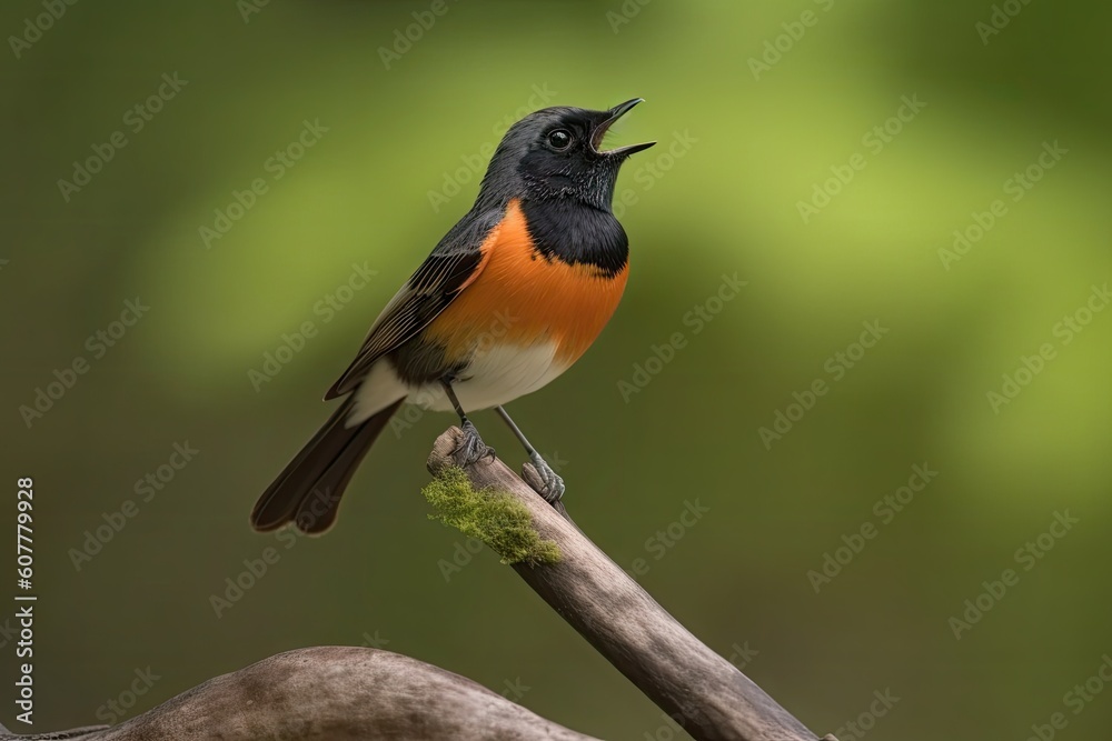 male redstart bird perched on branch, singing its beautiful song, created with generative ai male redstart bird perched on branch, singing its beautiful song, created with generative ai