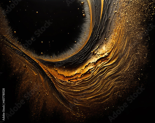 Abstract golden luxury. black, orange and gold tones painting background. Thick paint Light black splatter. Realistic and naturalistic textures. Minimalist and creative art. Modern art. Generative Ai