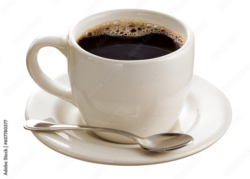 xícara branca com café expresso e colher isolado em fundo transparente xícara branca com café expresso e colher isolado em fundo transparente