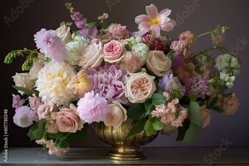 bouquet of pastel flowers in fanciful vase with gold accents, created with generative ai