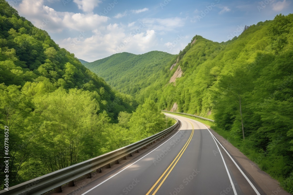scenic highway with forested mountains in the background, created with generative ai scenic highway with forested mountains in the background, created with generative ai