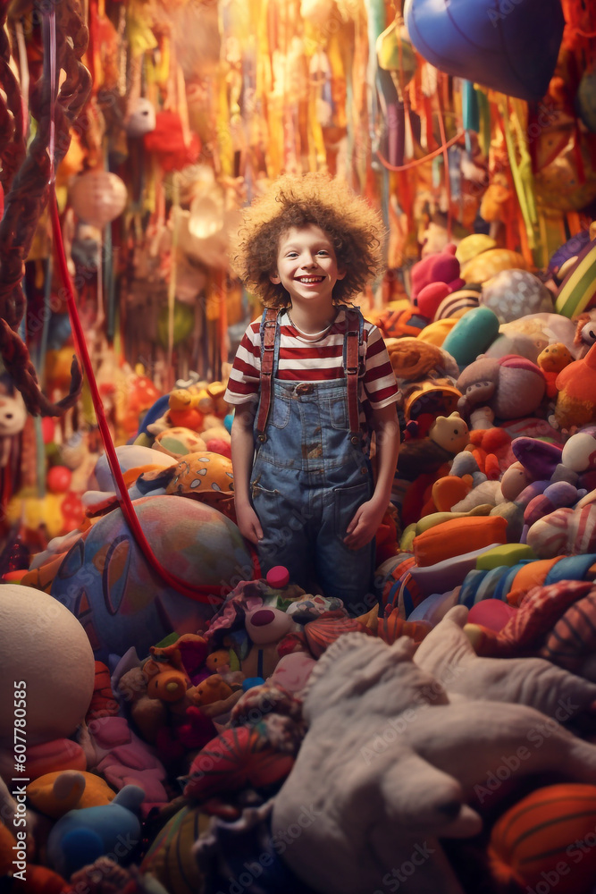 A joyful and smiling child in an environment made entirely of toys and cuddly toys - ai generative A joyful and smiling child in an environment made entirely of toys and cuddly toys - ai generative