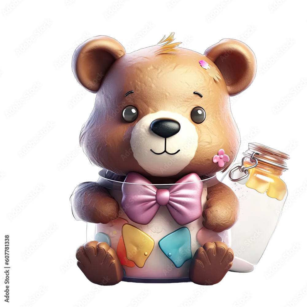 Fototapeta premium Cuddly Teddy Bear with a Bow Tie Holding a Honey Pot - Plasticine Illustration 2