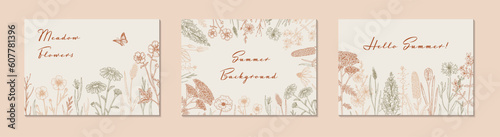 Set of hand drawn summer horizontal wildflowers designs. Vector illustration in sketch style. Meadow flowers aesthetic background