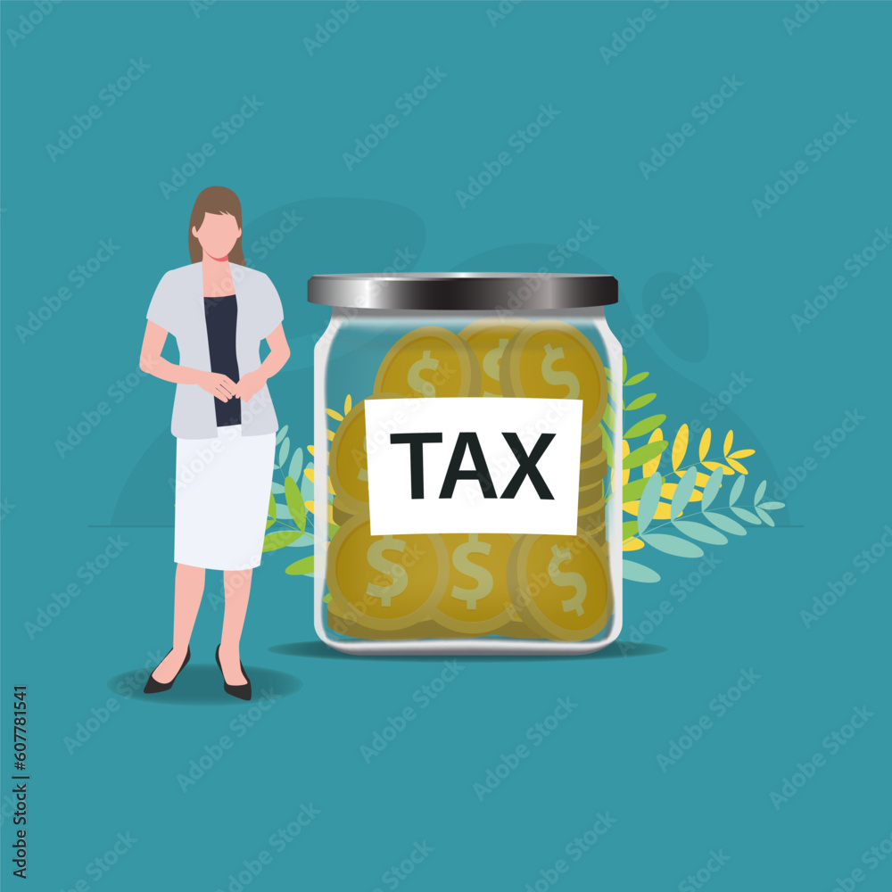 Businesswoman with coins on jar. TAX concept vector illustration Businesswoman with coins on jar. TAX concept vector illustration