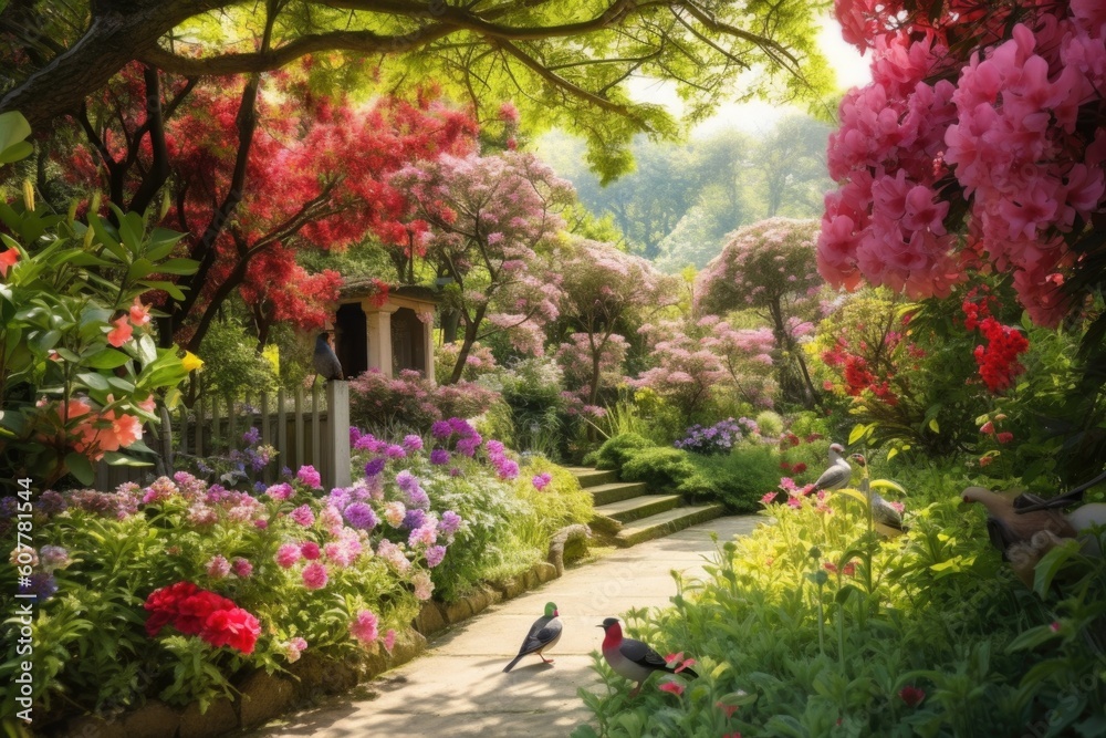 a garden with beautiful blooming flowers, birds chirping and a peaceful atmosphere, created with generative ai