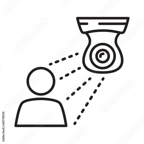 Fixed CCTV.Security camera icon.Video surveillance cameras.Ip camera.Face recognition.Face id.Isolated on white background.Outline vector illustration. 