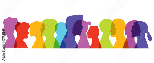 Silhouette heads face in profile  multiethnic people.Multicultural women and men.Psychological therapy.Team community and  Society with diverse people.Diversity multiethnic.Racial equality. 