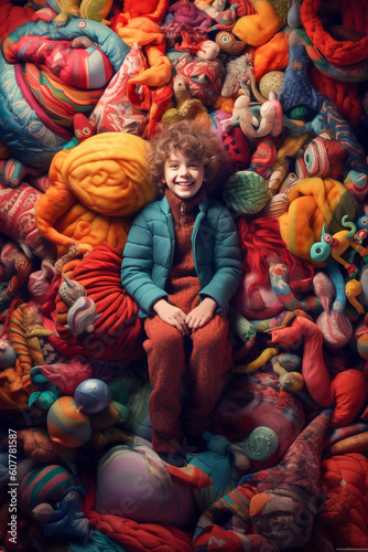 A joyful and smiling child in an environment made entirely of toys and cuddly toys - ai generative