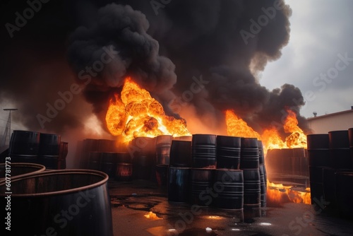 chemical waste stored in barrels at chemical plant, with smoke and flames coming from the chimney, created with generative ai