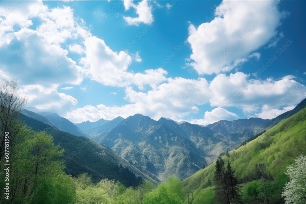 majestic mountain landscape with clear blue sky and fluffy clouds, created with generative ai majestic mountain landscape with clear blue sky and fluffy clouds, created with generative ai