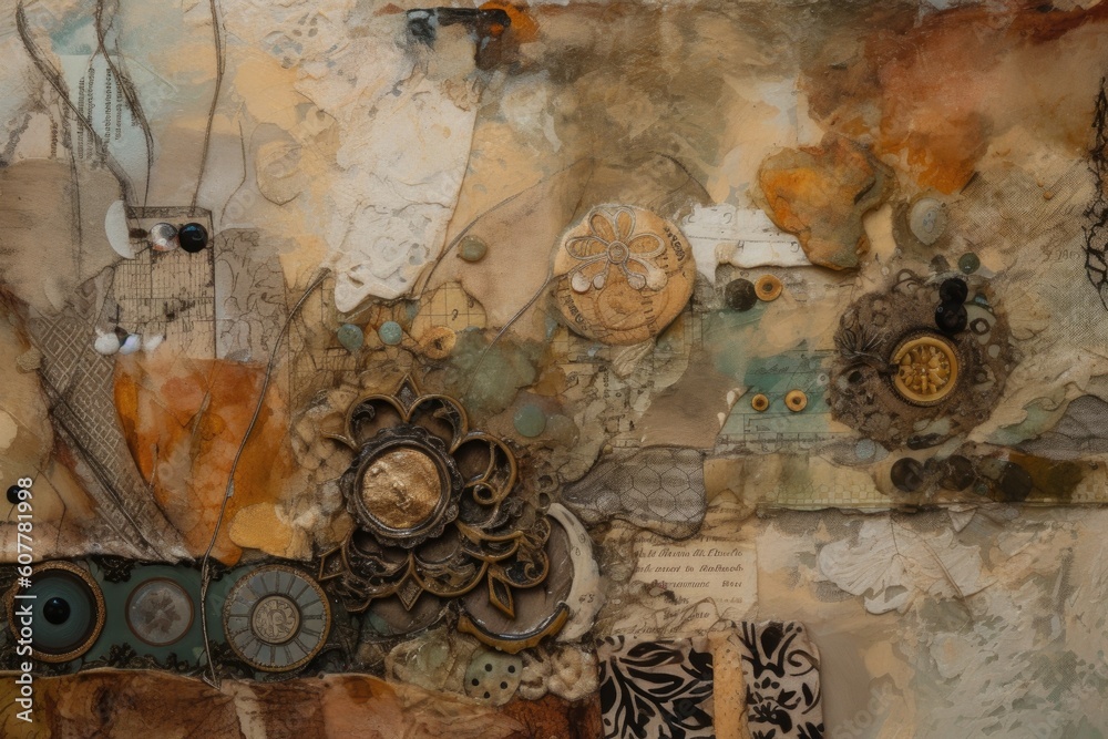 close-up of collage and mixed media art, showcasing intricate and layered pieces, created with generative ai