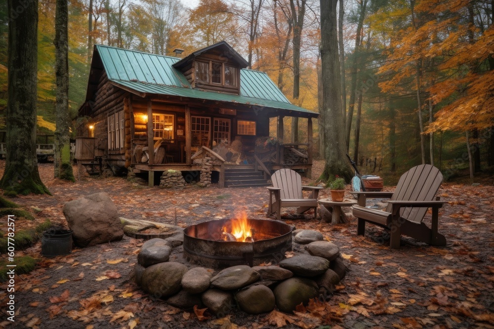 cozy cabin retreat with fire pit for roasting marshmallows and telling stories, created with generative ai