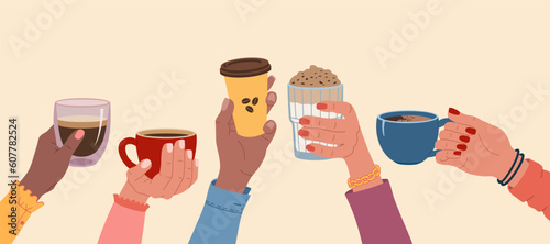 Set of diverse woman hands holding a cups of coffee, espresso or cappuccino. Morning hot drink. Coffee break. Hand drawn vector illustration isolated on light background. Flat cartoon style.