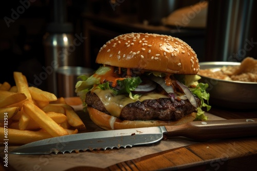 close-up of classic burger and fries, with knife and fork for added detail, created with generative ai