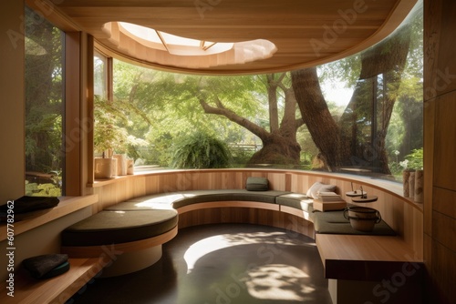 green retreat with organic and natural finishes  built-in benches  and bonsai trees  created with generative ai