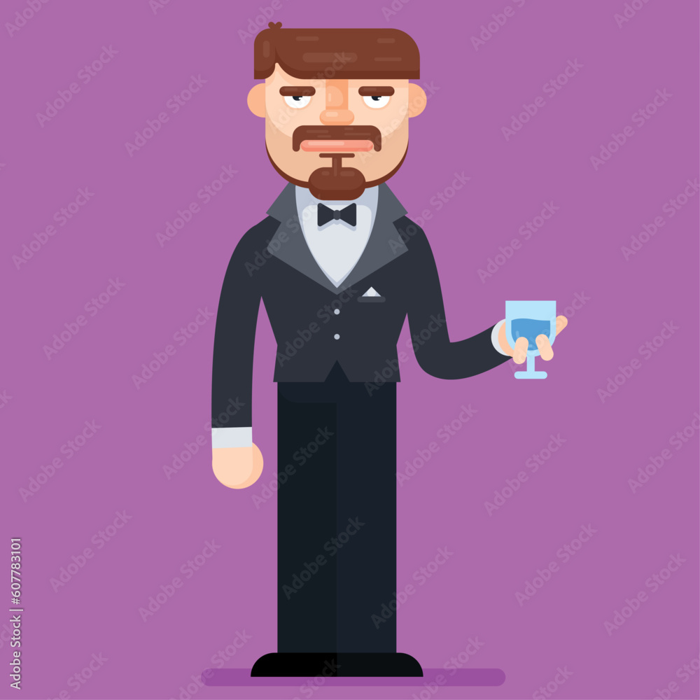 Standing man in black suit holding wine. Flat style vector illustration