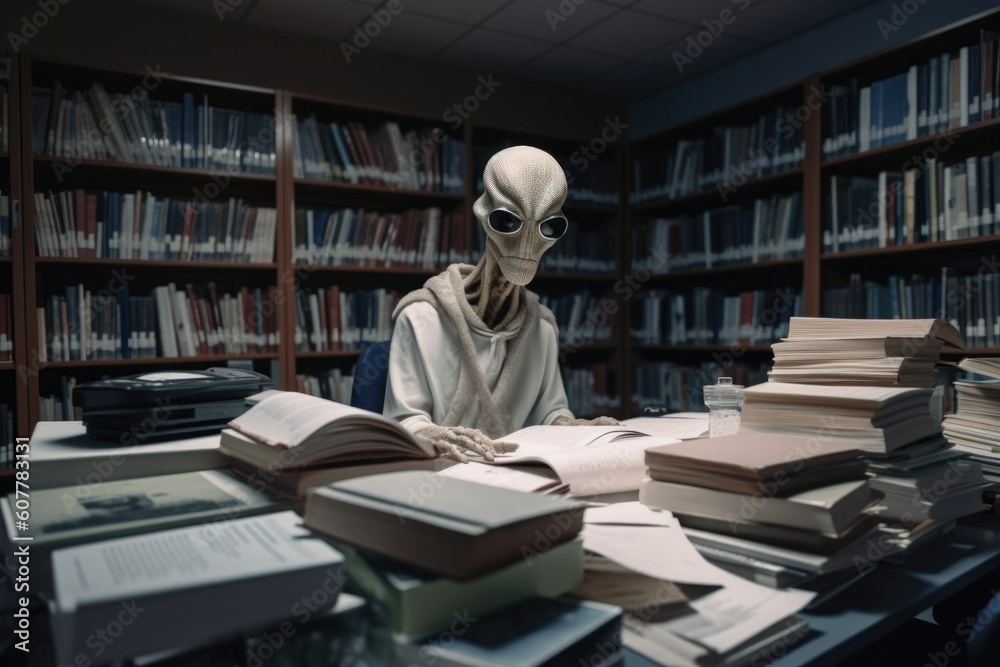 alien student, surrounded by books and papers, studying in the library, created with generative ai alien student, surrounded by books and papers, studying in the library, created with generative ai